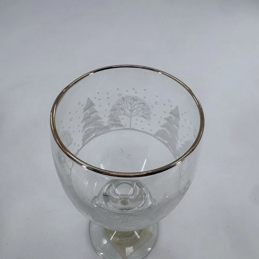 Frosty Pines Libbey Handblown Goblets 7” Winter Wonderland Gold Rim Set of 4 New